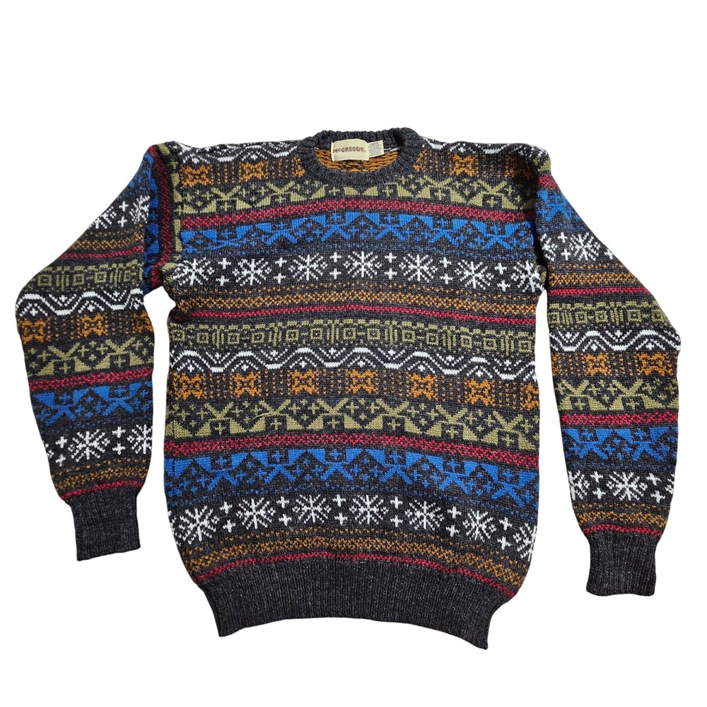 McGregor Fair Isle Sweater Mens Large Charcoal Grey Snowflake Knit Vintage